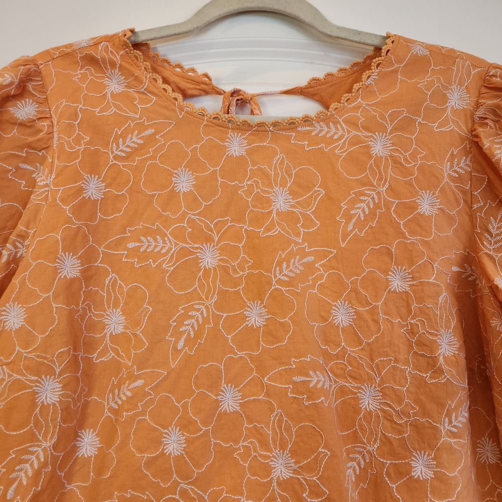 LOFT Orange Floral Puff-Sleeve Blouse Cut-Out Back With Tie Size XL Embroidered - Picture 3 of 10